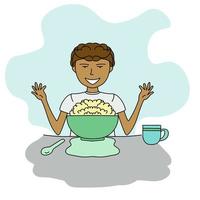 Porträt eines Jungen im Cartoon-Stil, der Frühstück mit Müsli oder Brei isst vektor