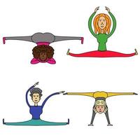 flickor gör stretching och split, kvinnor av olika raser gör fysiska övningar set vektor