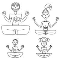 Familie, die Yoga praktiziert, Eltern und Kinder im Lotussitz, skizzenhafte Darstellung von Menschen, die meditieren vektor