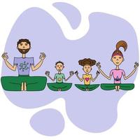 familj som utövar yoga, föräldrar och barn i lotusställning, tecknad illustration av människor som gör meditation vektor