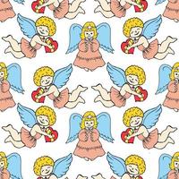nahtloses Muster, handgezeichnete süße Engel mit Flügeln, Mädchen und Jungen. Pastelltöne. Grafikdesign für Hintergrund, Dekor für Textilien, Druck.