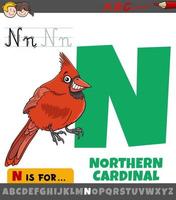 Buchstabe n aus dem Alphabet mit dem Charakter des nördlichen Kardinalsvogels vektor