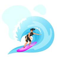 flache Vektorillustration surfen. Extremsport-Erfahrung. aktiver Lebensstil. Sommerferien Outdoor-Spaß-Aktivitäten. türkisfarbene Wellen des Ozeans. Sportlerin isolierte Zeichentrickfigur auf blauem Hintergrund vektor