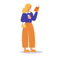 Mädchen, das Buch flache Vektorillustration liest. blonde Dame leidenschaftlich durch Veröffentlichung. Junge kaukasische Frau stehend, hält Lehrbuch und Telefon isolierte Zeichentrickfigur auf weißem Hintergrund vektor