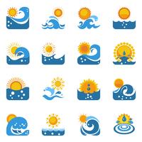 Blaue Welle Mit Sun Icons Set vektor