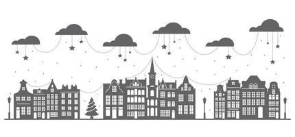 Silhouette einer Reihe von Amsterdam-Häusern. Fassaden europäischer Altbauten für die Weihnachtsdekoration. Holland Häuser. Vektor