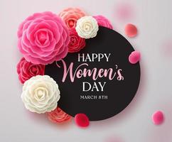 glad kvinnodag vektor malldesign. 8 mars kvinnodagen hälsning i svart tomt utrymme för text med camellia blomma element för internationell kvinnas firande. vektor illustration.