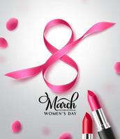 8 mars kvinnodagen vektordesign. kvinnodagen hälsningstext med 8 mars i rosa band och läppstiftselement dekoration för internationellt firande bakgrundsdesign. vektor illustration.