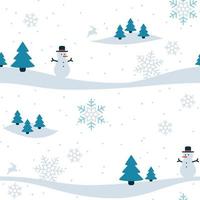 wiederholbarer schneebedeckter Hintergrund mit Schneemann, Kiefern und Schneeflocken. nahtloses Muster des Winters. vektor