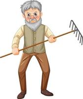 gammal bonde man seriefiguren håller rake trädgård verktyg vektor