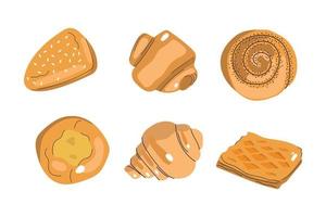 handritad uppsättning bageriprodukter. platt illustration av bullar, bakverk för webb- och tryckdesign.