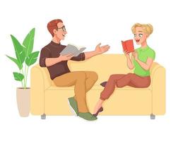 glückliches junges Paar, das Bücher liest, die auf der Couch sitzen. Mann und Frau lieben Literatur. Cartoon-Vektor-Illustration isoliert auf weißem Hintergrund. vektor
