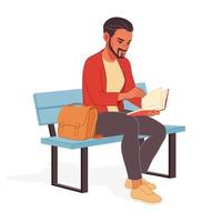 ung man läser en intressant bok när han sitter på bänken. vektor illustration isolerad på vit bakgrund.