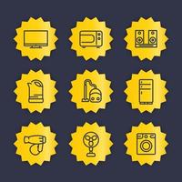 Gerätelinie Icons Set, Haushaltselektronik-Vektorpiktogramme, Fernseher, Mikrowelle, Audiosystem, Wasserkocher, Staubsauger, Kühlschrank, Haartrockner, Ventilator, Waschmaschine vektor