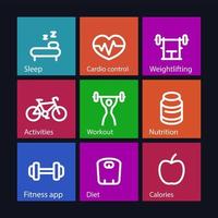 Fitness-Symbole mit dicken Linien, fitter und aktiver Lebensstil, Training, Training, Fitness-Symbole auf Farbquadraten, Vektorillustration vektor