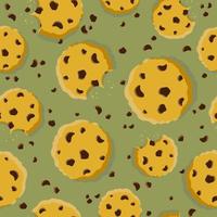 chocolate chip socker cookies seamless mönster. söt mat konsistens. söta bakverk vektor bakgrund. platt design illustration.