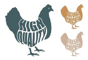 volumetrische Buchstaben mit hochwertigem, natürlichem, frischem Namen auf dem Hintergrund von Hühnchen. Element für den Druck und die Gestaltung von Werbung für Fleischprodukte. isolierter Vektor