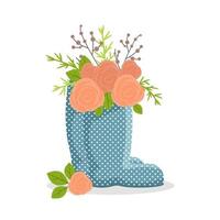 Hallo Frühling. süße Regenstiefel mit Blumensträußen. Cartoon flache Vektorgartenpflanzen Tulpen, Glockenblumen. vektor