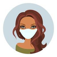 kvinna ansikte i medicinsk blå mask. ung flicka i medicinskt skydd mask.cartoon platt stil. skydd mot virus, bakterier och influensa.
