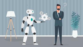 Der Roboter bietet eine Lösung. Geschäftsmann mit einer Frage. Teamwork-Konzept von Menschen und Robotern. Vektor. vektor