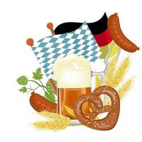 affischen för oktoberfesten, sprayen av öl med kringla och vete. läckra korvar. skiss. vektor