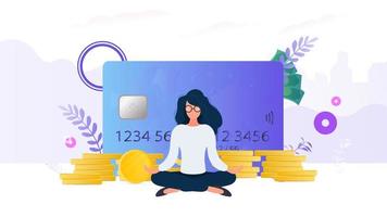 Mädchen meditiert auf dem Hintergrund einer Kreditkarte mit Münzen und einem Sparschwein. das Konzept des Sparens und der Ansammlung von Geld. gut für Präsentationen und geschäftsbezogene Artikel. vektor