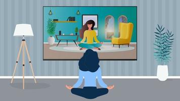flickan på kontoret är engagerad i meditation. flicka tittar på yogalektion på tv. vektor. vektor