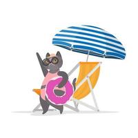 lustige Katze mit einem rosa Gummiring in Flamingoform. Liegestuhl, Sonnenschirm. Katze mit Brille und Hut. gut für Aufkleber, Karten und T-Shirts. isoliert. Vektor. vektor