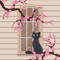die Katze sitzt am Fenster. halbrundes Fenster mit Blumen im flachen Stil. Fenster mit Rollläden. Vektor. vektor