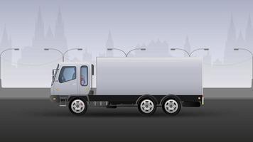 LKW für schnelle Lieferung. realistische Komposition in Weiß- und Grautönen. Stadt Hintergrund. Vektor-Illustration. vektor