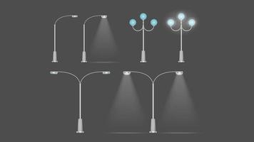 ein Satz metallischer Laternen, die glänzen. Laternenpfahl mit realistischem Licht. Vektor. vektor