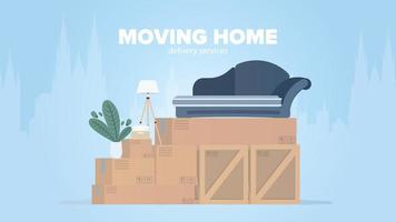 flytta hem banner. flytta till en ny plats. trälådor, kartonger, soffa, krukväxt, golvlampa. isolerat. vektor. vektor