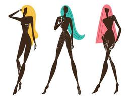Vektorsatz stilisierter Frauen, die stehen, langes Haar, schwarze strukturierte Silhouetten. weibliches Konzept, Kunstillustration. Verwendung als Poster, Druck für T-Shirts, Designelement für Schönheitsprodukte