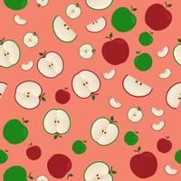 äpplen sömlösa vektormönster. rött och grönt äpple platt stil hela, hälften och skivor. naturliga ekologiska livsmedel koncept. vektor