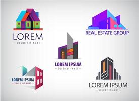 Vektor-Set von mehrfarbigen Immobilien-Logo-Designs für die visuelle Identität des Unternehmens, Gebäude, Stadtbildsymbole, Häuser, Architektur