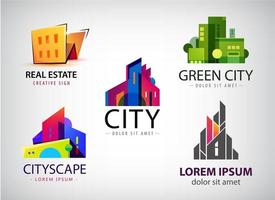 Vektor-Set von mehrfarbigen Immobilien-Logo-Designs für die visuelle Identität des Unternehmens, Gebäude, Stadtbildsymbole, Häuser, Architektur