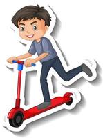 Junge fährt auf einem Rollerkarikaturaufkleber vektor