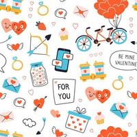 Valentinstag Textur. nahtloses Muster mit Herzen, Tandemfahrrad, Pfeilen und Ring. Vektorillustration auf weißem Hintergrund vektor