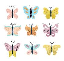 Reihe von Schmetterlingen auf weißem Hintergrund. Sammlung tropischer Fluginsekten mit bunten Flügeln. Vektorgrafiken. vektor