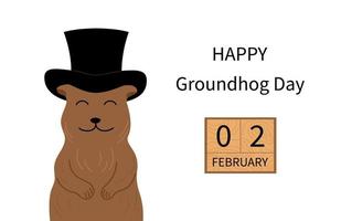 Groundhog day semester 2 februari. söt tecknad glad Groundhog i svart hatt isolerad. gratulationskort, affisch, banner. platt vektorillustration med text och trä datumkalender vektor