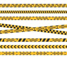 Satz gelbes Warnband. Kriminalitätswarnbänder. Vorsicht, Warnung, Stopp, Polizeilinien. Vektor