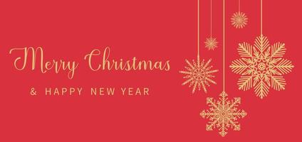 Frohe Weihnachten und ein glückliches neues Jahr elegante Grußkarte, Vorlage, Banner. dekorative goldene schneeflocken weihnachtsdekoration auf rotem hintergrund. Vektor-Illustration Winter-Design vektor