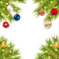 Weihnachtsecke mit Sternenlichtern und Jingle Bell. Weihnachtsecke mit Kiefernblättern und Dekorationskugeln. Weihnachtsecke, Weihnachtsdekorationselement, rote Kugel, goldene Glocke, Kiefernblätter, blaue Kugel, Schneeflocke vektor