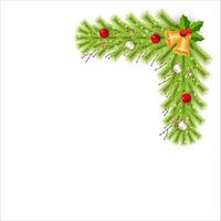 Weihnachtsecke mit goldener Glocke und Dekorationskugel. Weihnachtsecke mit roten Beeren und Zuckerstange. Weihnachtsecke, Weihnachtsdekorationsball, weißer Ball, roter Ball, Schneeflocken, Zuckerstange, Kiefernblätter. vektor