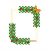 Weihnachtsrahmen mit Kiefernblättern, Schneeflocken, rotem Dekorationsball. Weihnachtsrahmen auf weißem Hintergrund. Frohe Weihnachten Dekorationselement mit einem goldenen Band und roten Kugeln. Weihnachtselemente. vektor