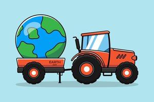 oranger Traktor mit Planet Erde vektor