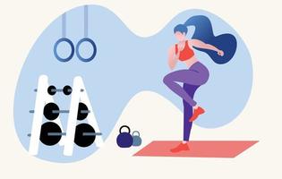 Frau macht Fitnessübungen im Fitnessstudio. flache farbenfrohe Cartoon-Figur-Vektor-Illustration. vektor