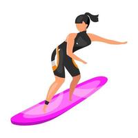 flache Vektorillustration surfen. Extremsport-Erfahrung. aktiver Lebensstil. Sommerferien Outdoor-Spaß-Aktivitäten. Sportlerin balanciert auf Surfbrett isolierte Zeichentrickfigur auf weißem Hintergrund vektor