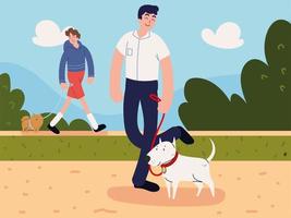 Männer, die mit ihren Haustieren spazieren gehen vektor