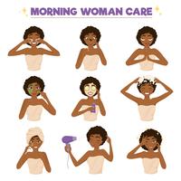afro amerikansk kvinna morgon rutin ikonuppsättning vektor